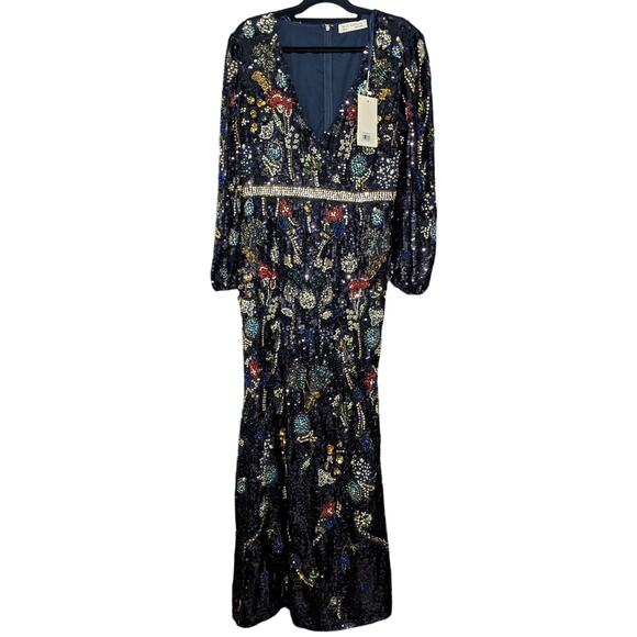 NWT Mac Duggal Embellished Wrap Over Bishop Sleeve Gown Midnight Multi Size 10 - Picture 4 of 11